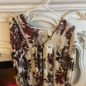 Daytrip Floral V-Neck Blouse - Cream, Brown and Burgundy